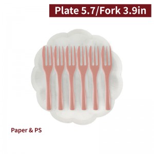 【Flower-shaped Cake Plate + Fork - White Plate / Peach Pink Fork】3.9 in PS fork - 200 sets per box / 10 sets per package