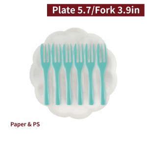【Flower-shaped Cake Plate + Fork - White Plate/ Mint Green Fork】3.9 in PS fork - 200 sets per box / 10 pcs per package