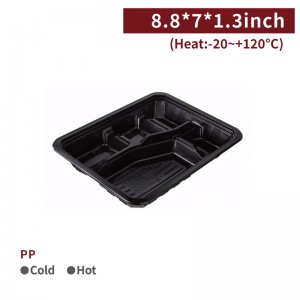 【PP - Square Meal Container - 5 - Compartments / Without Lid】22.4*17.8*3.5cm heat-proof can microwave black plastic take-away disposable - 800 pcs per box