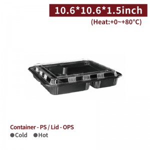 【PS - Square Meal Container - With OPS Transparent Lid】27*27*3.9cm black  - 100 pcs per box / 50 pcs per package