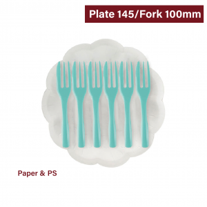【Flower-shaped Cake Plate + Fork - White Plate/ Mint Green Fork】145 diameter PS fork - 200 sets per box / 10 pcs per package